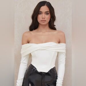 House of CB Evita Off the Shoulder White Satin Corset Top